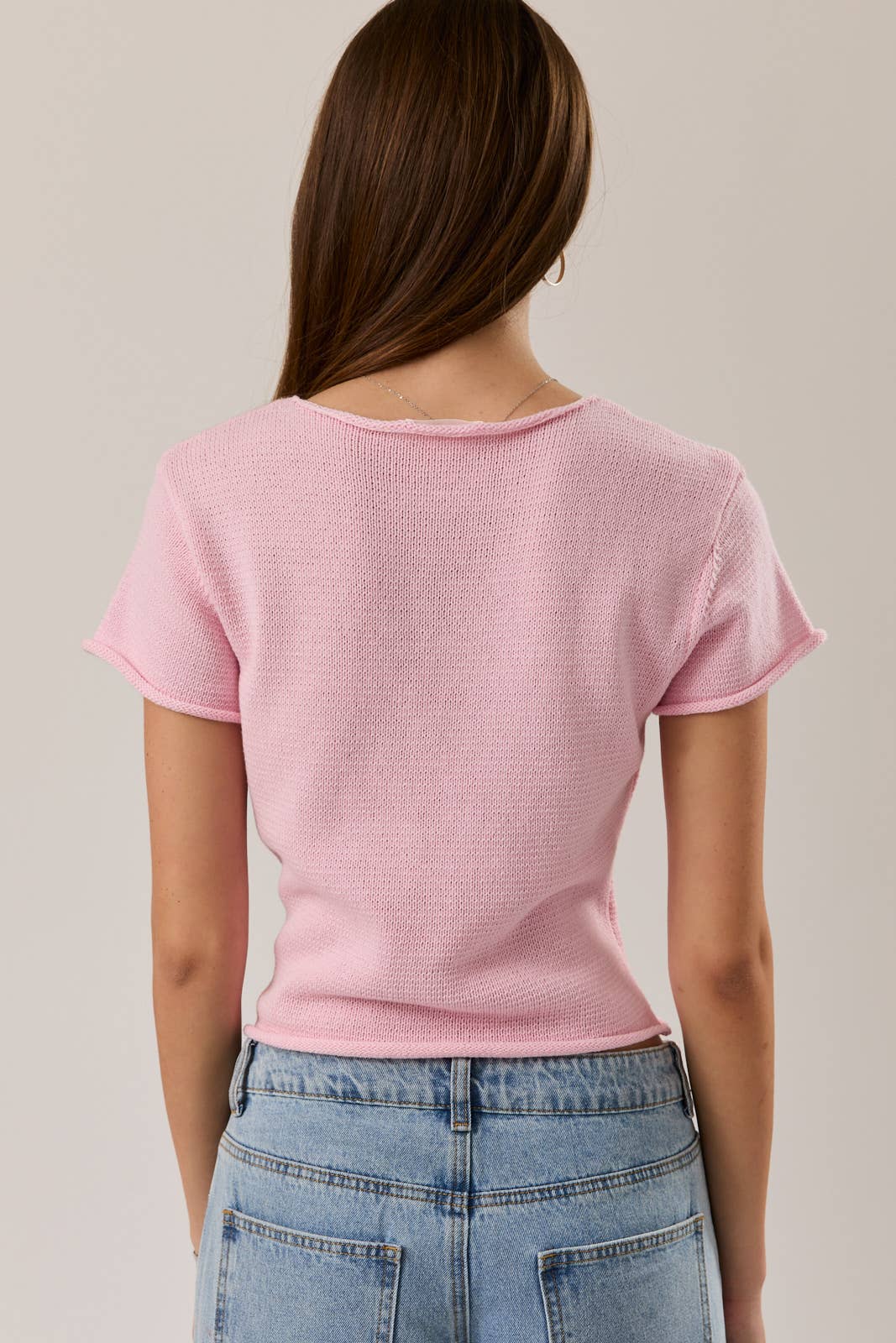 CAP SLEEVE ROUND NECK BUTTON DOWN SWEATER TOP