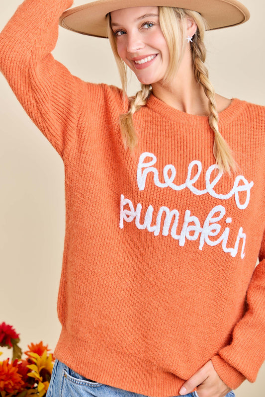 Hello Pumpkin Embroidered Knit Sweater – Fall Cozy Pullover