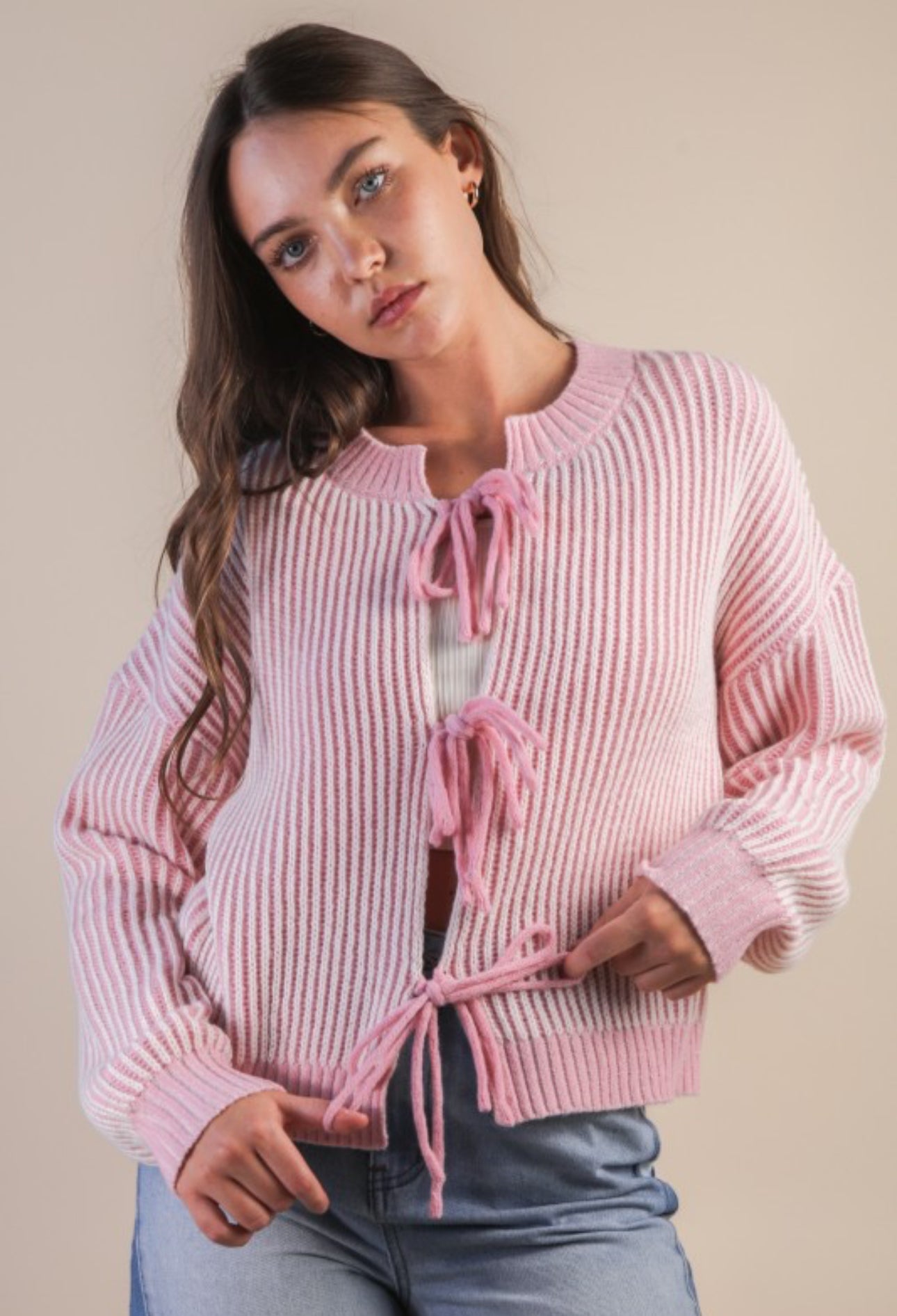 Front Tie Pink Knit Cardigan