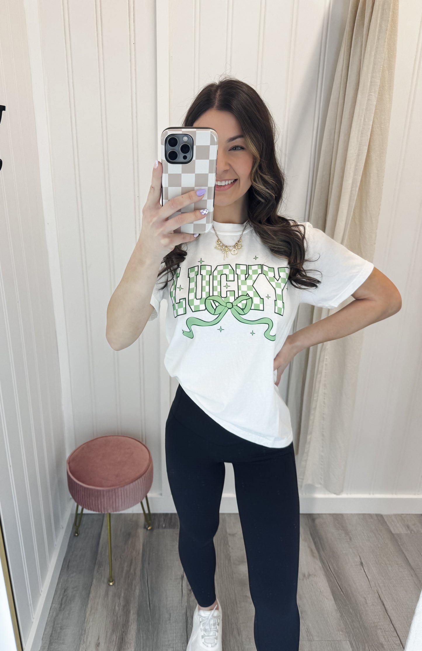 Lucky Checkered Coquette Tee/Sweatshirt