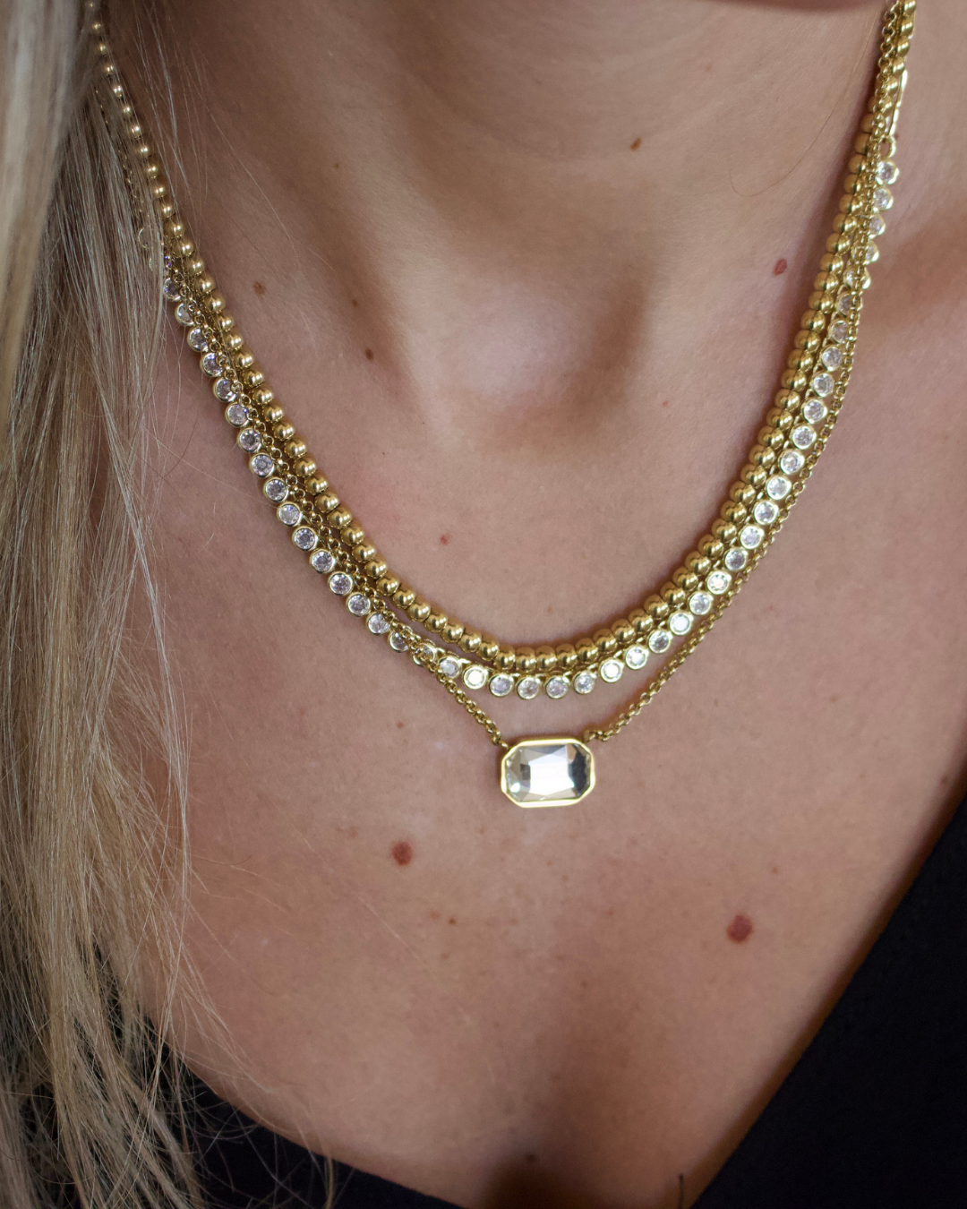 Walker Layered Crystal Necklace 18k Gold Non Tarnish