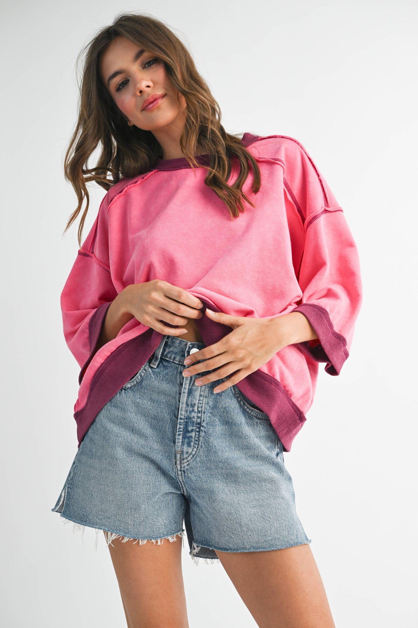 Washed Contrast Trim Boxy Sweatshirt Top
