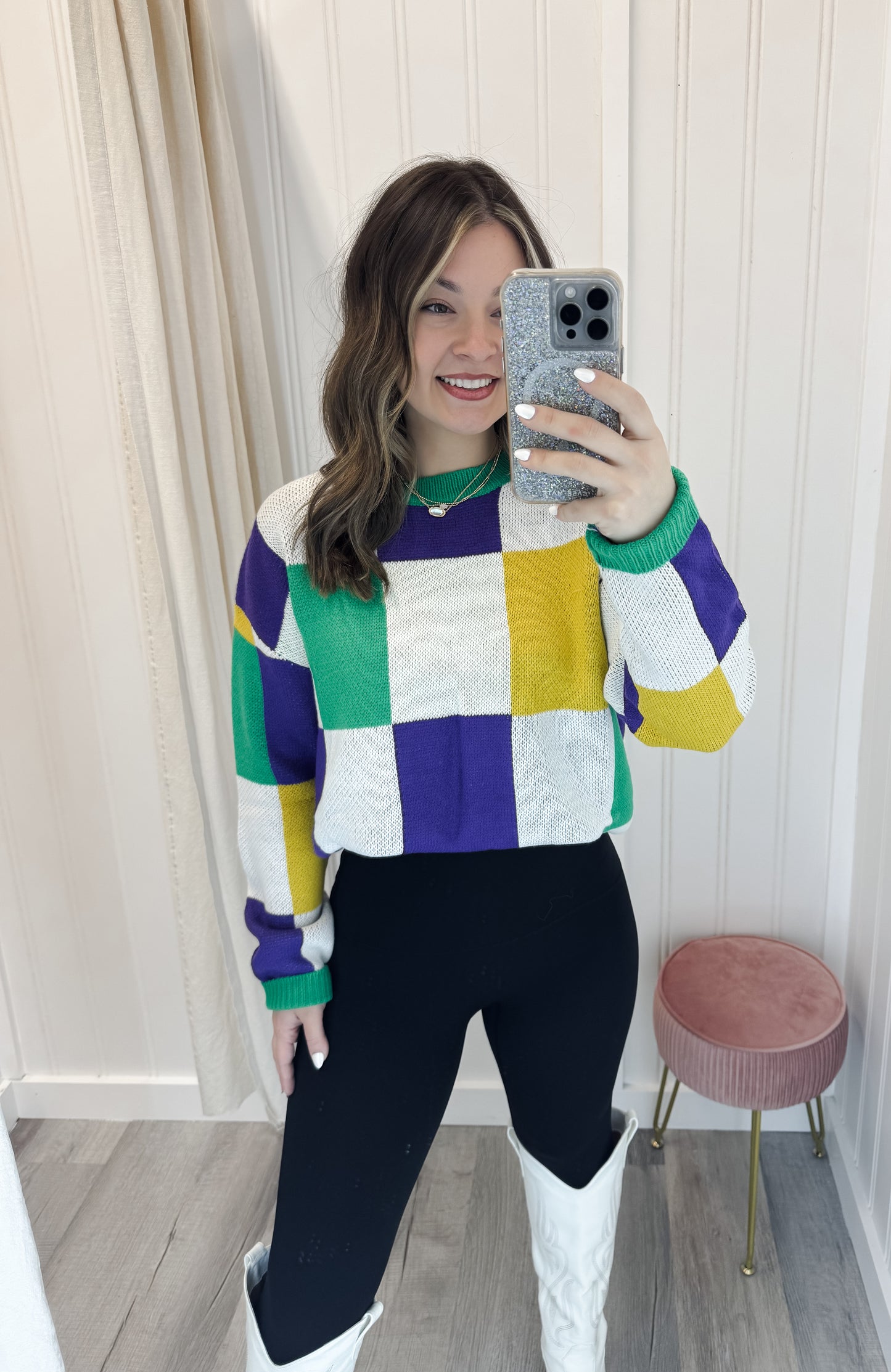 Checker Board Color Block Mardi Gras Knitted Sweater