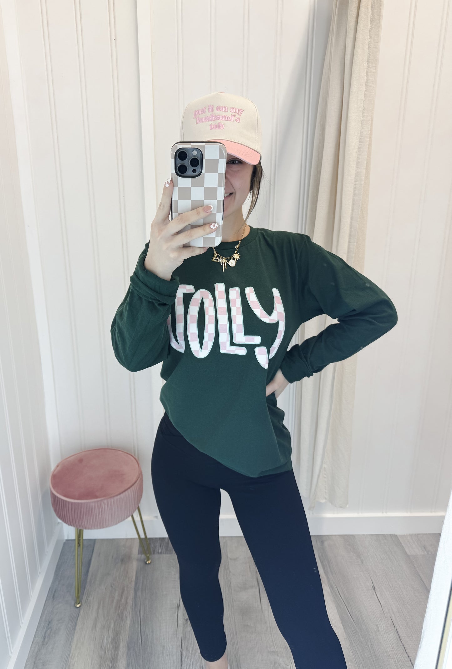 Pink & Green Checkered Jolly Long Sleeve Tee
