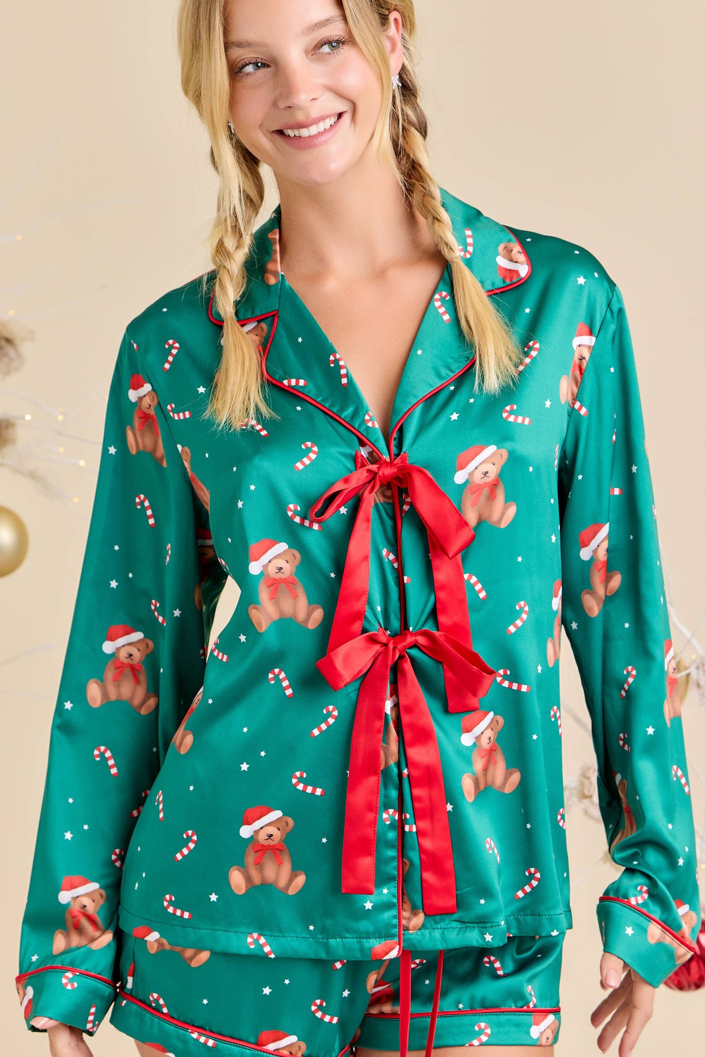Green Teddy Bear Satin Pajama Set with Red Bow