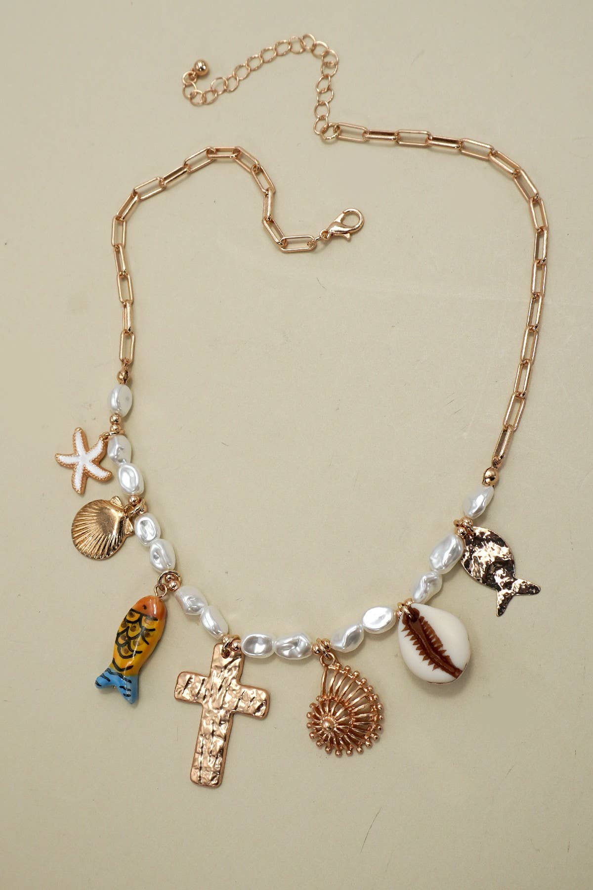 CHARM NECKLACE-PORCELAIN FISH CROSS PEARL