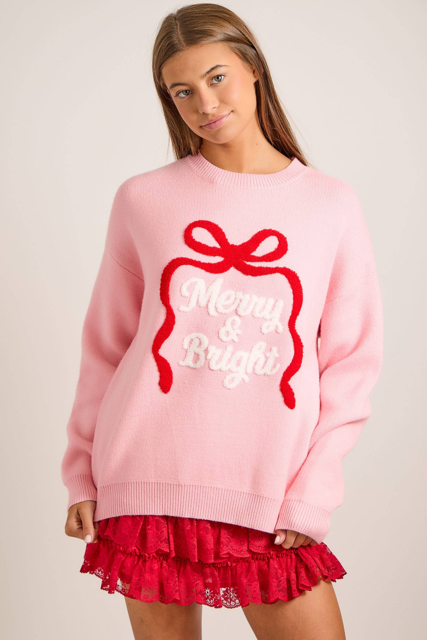 Merry & Bright Embroidered Christmas Knit Sweater