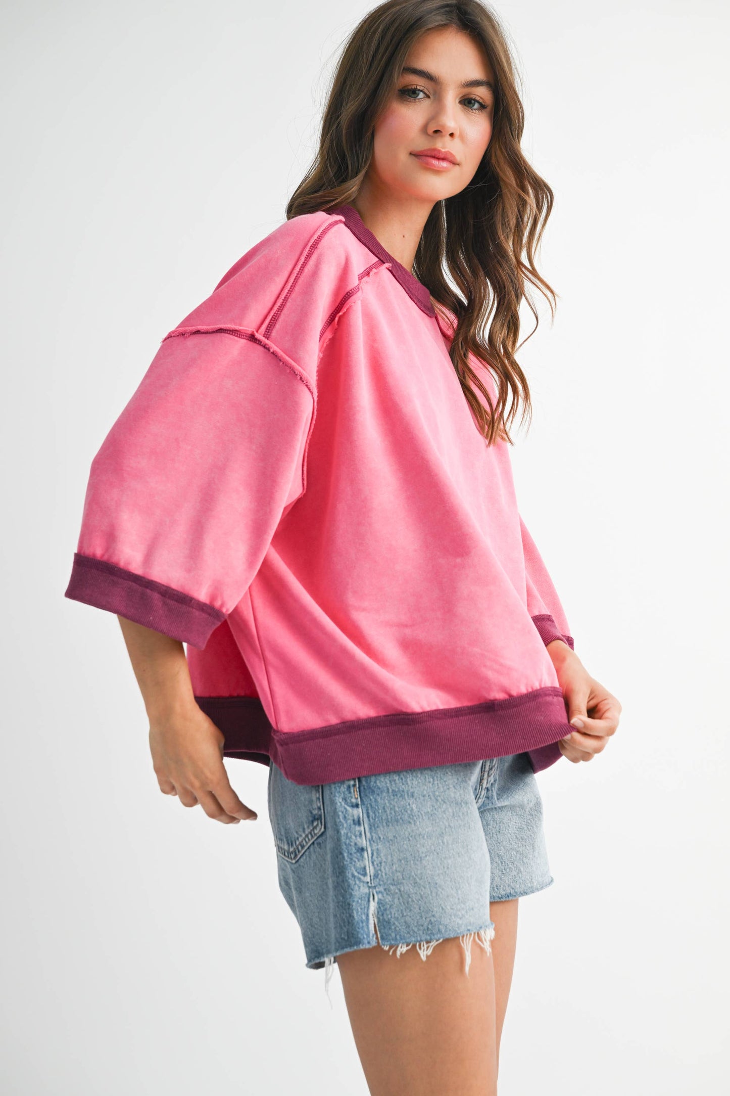 Washed Contrast Trim Boxy Sweatshirt Top