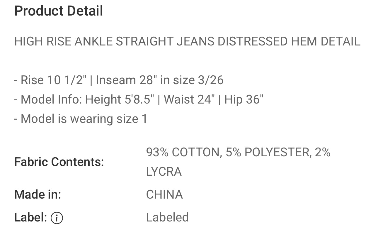 High Rise Ankle Straight Distressed Hem Jeans - Risen