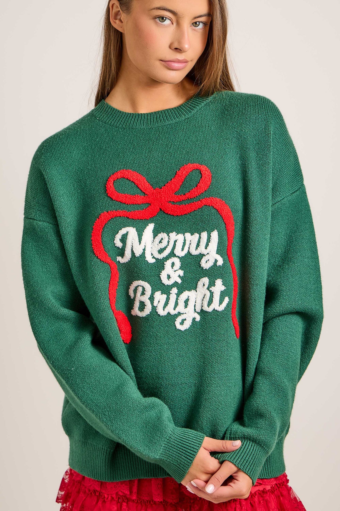 Merry & Bright Embroidered Christmas Knit Sweater