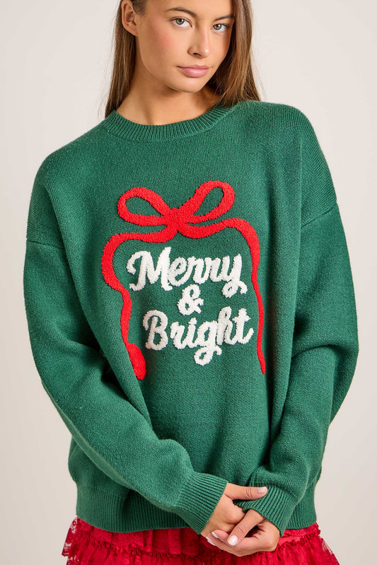 Merry & Bright Embroidered Christmas Knit Sweater
