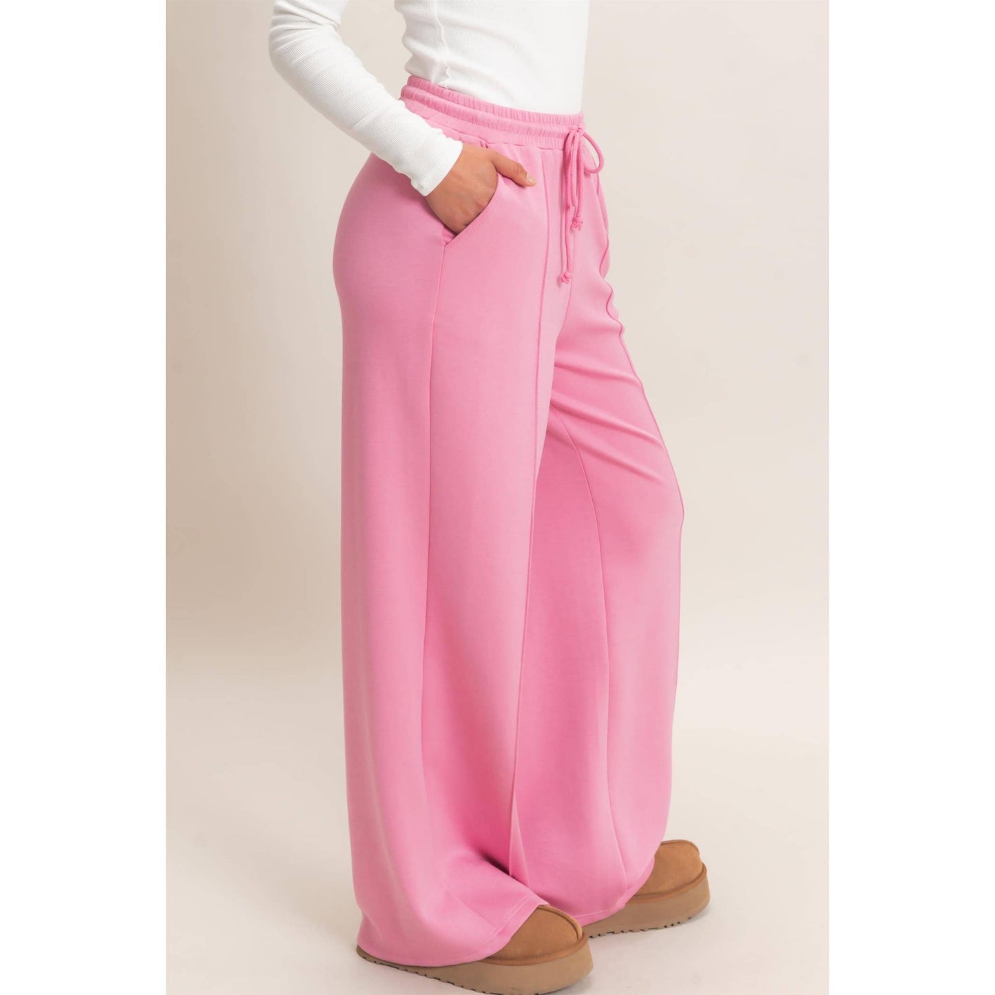 Drawstring Waist Pintuck Wide Leg Pants