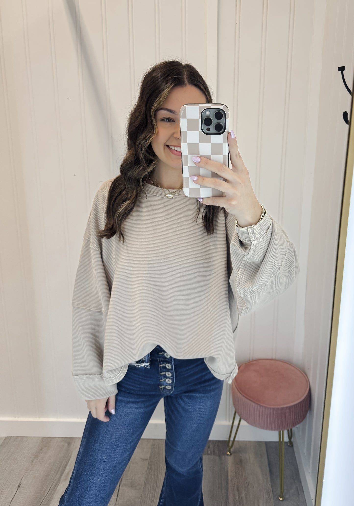 Acid Washed Double Ribbed Exposed Seam Sweater