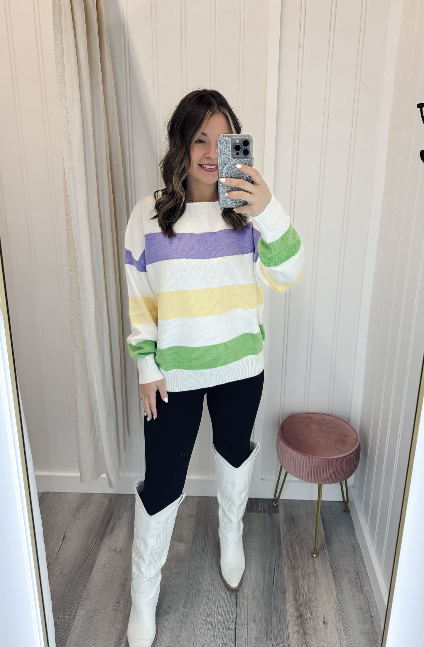 Mardi Gras Color Block Boat Neck Knitted Sweater