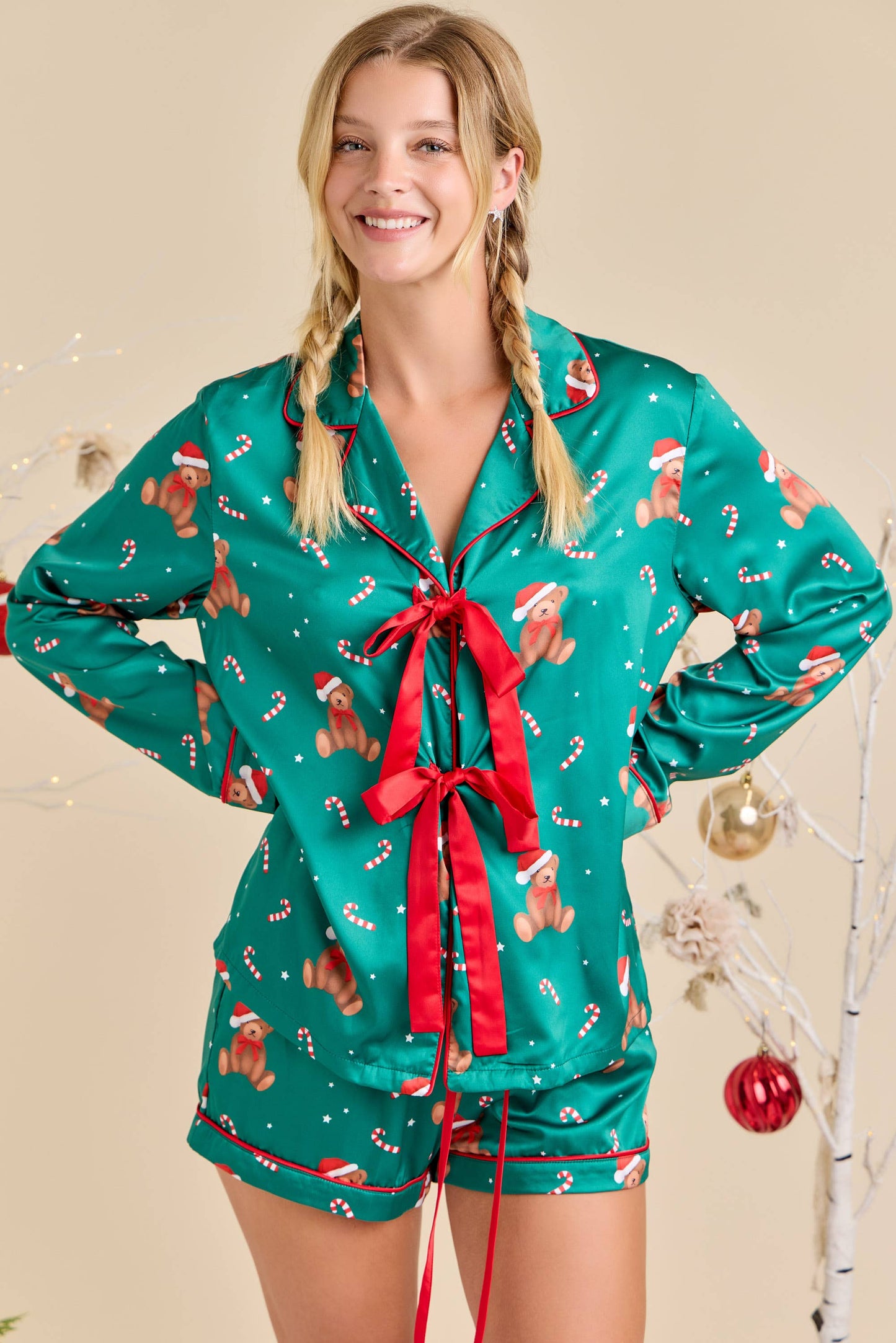 Green Teddy Bear Satin Pajama Set with Red Bow
