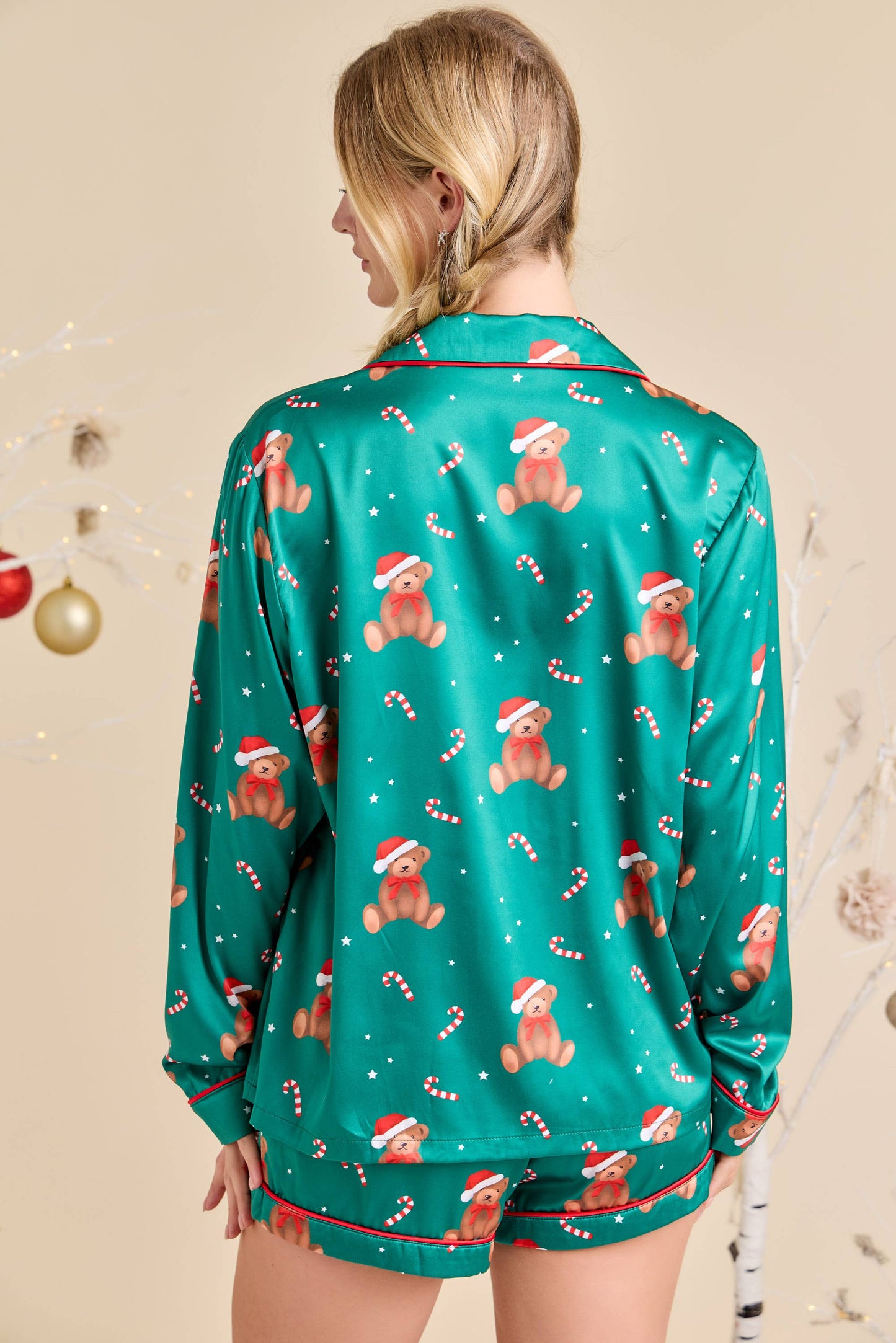 Green Teddy Bear Satin Pajama Set with Red Bow