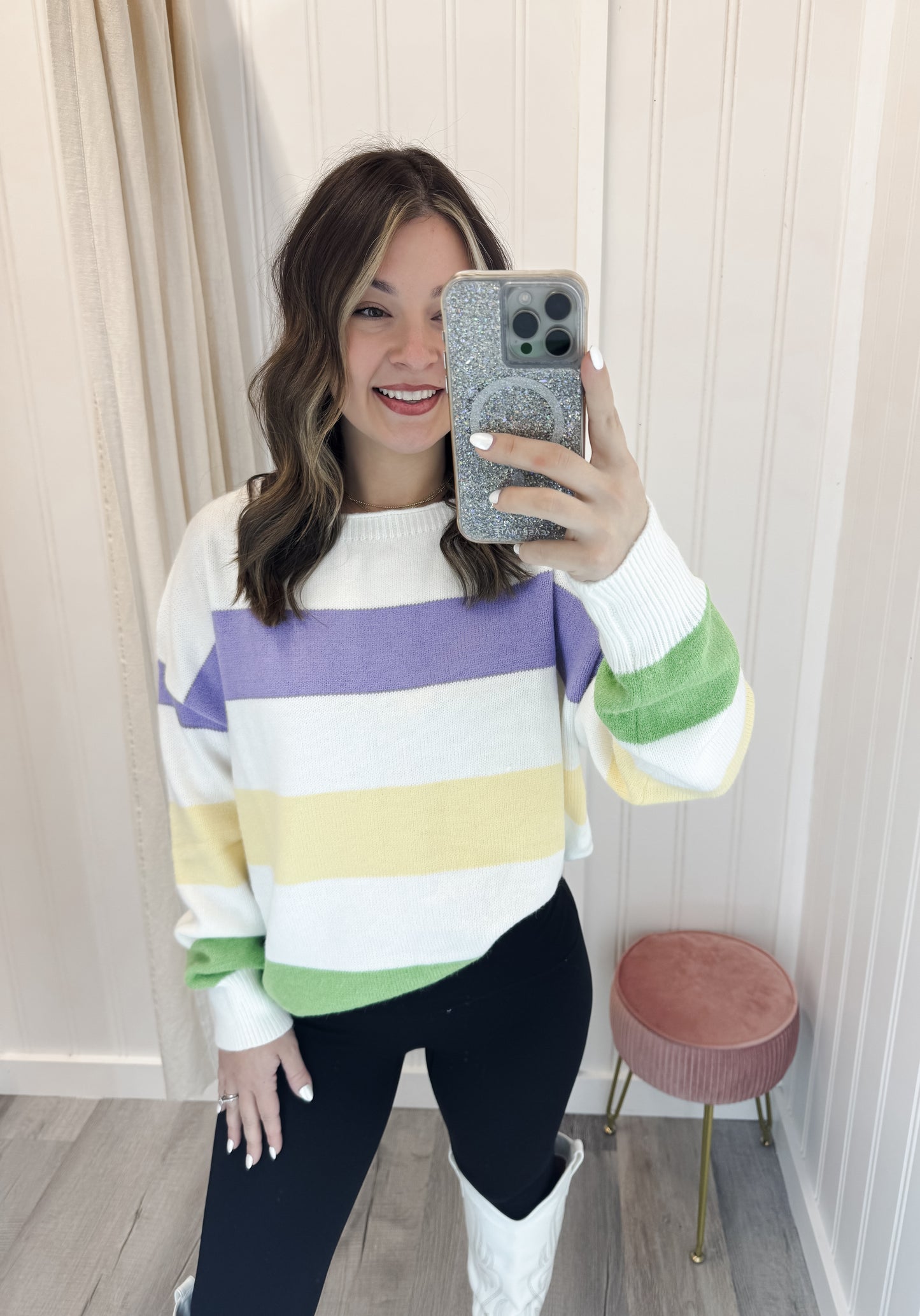 Mardi Gras Color Block Boat Neck Knitted Sweater