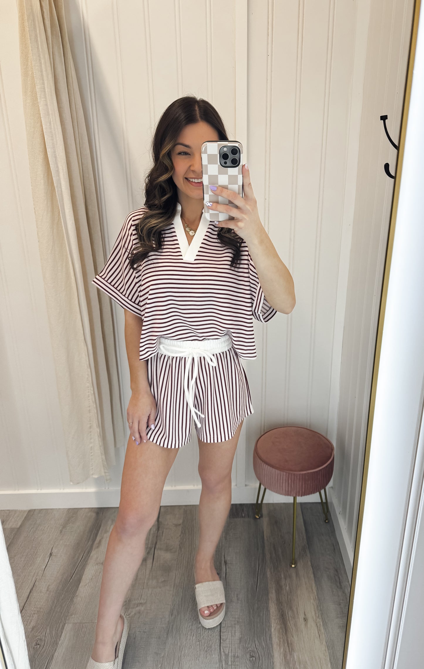 Striped Collared Top & Shorts Set