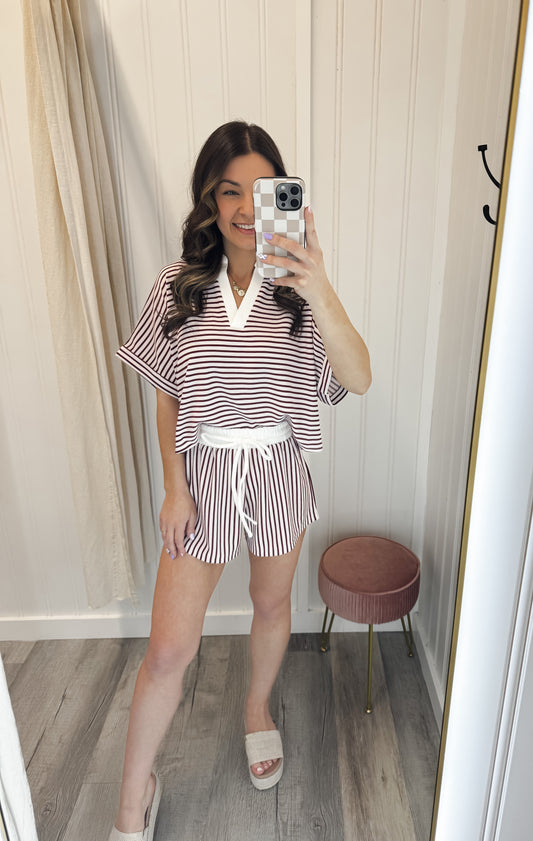 Striped Collared Top & Shorts Set