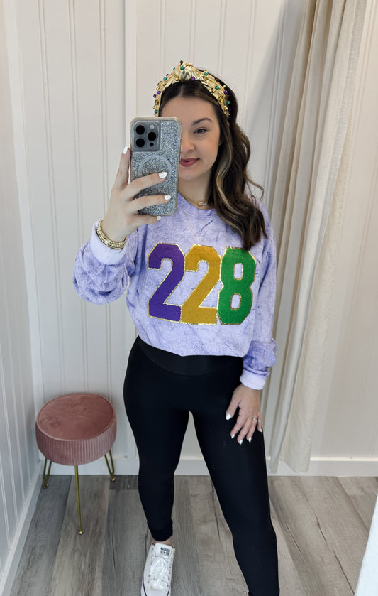 228 Mardi Gras Chenille Patch Comfort Color Sweatshirt