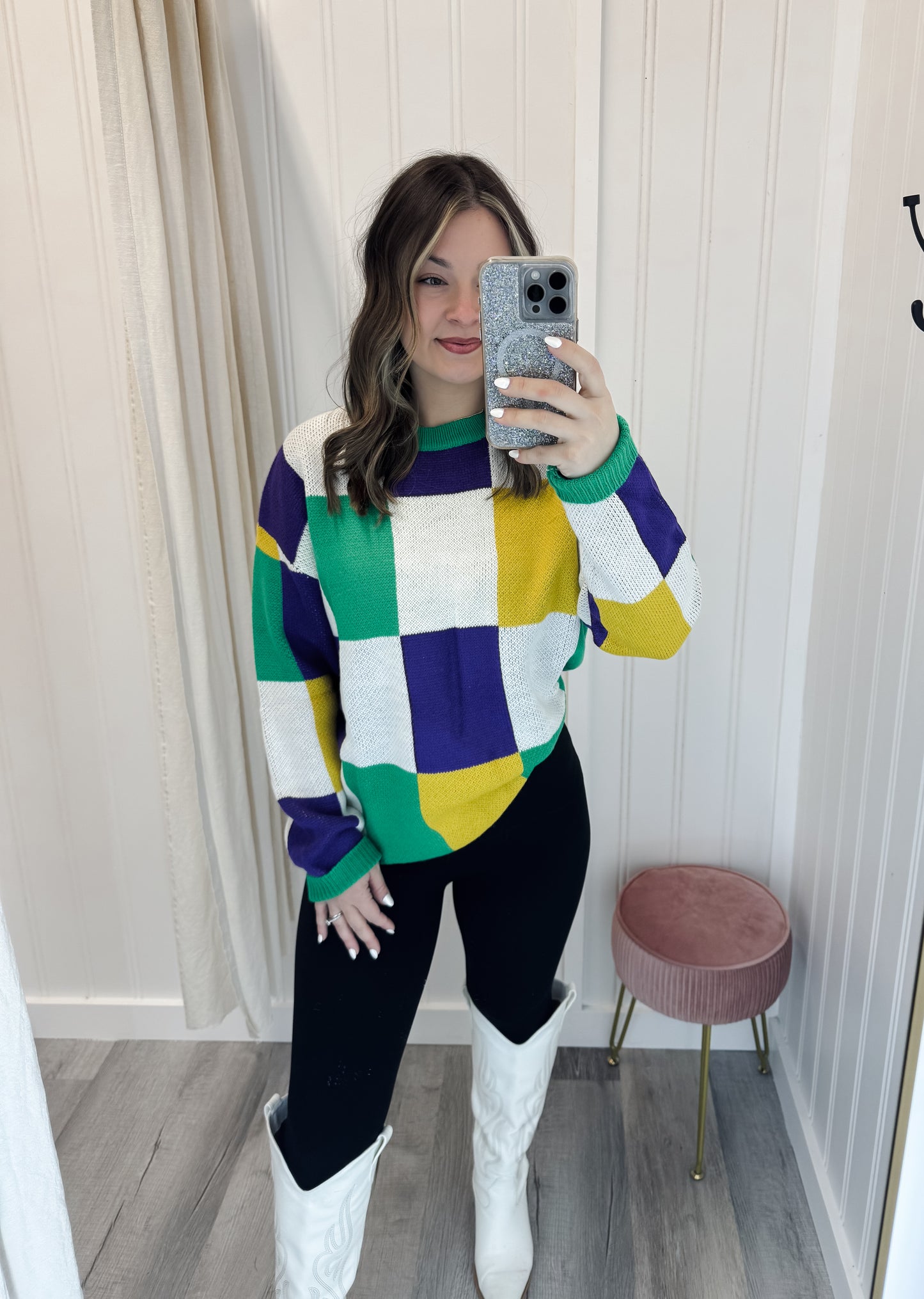 Checker Board Color Block Mardi Gras Knitted Sweater