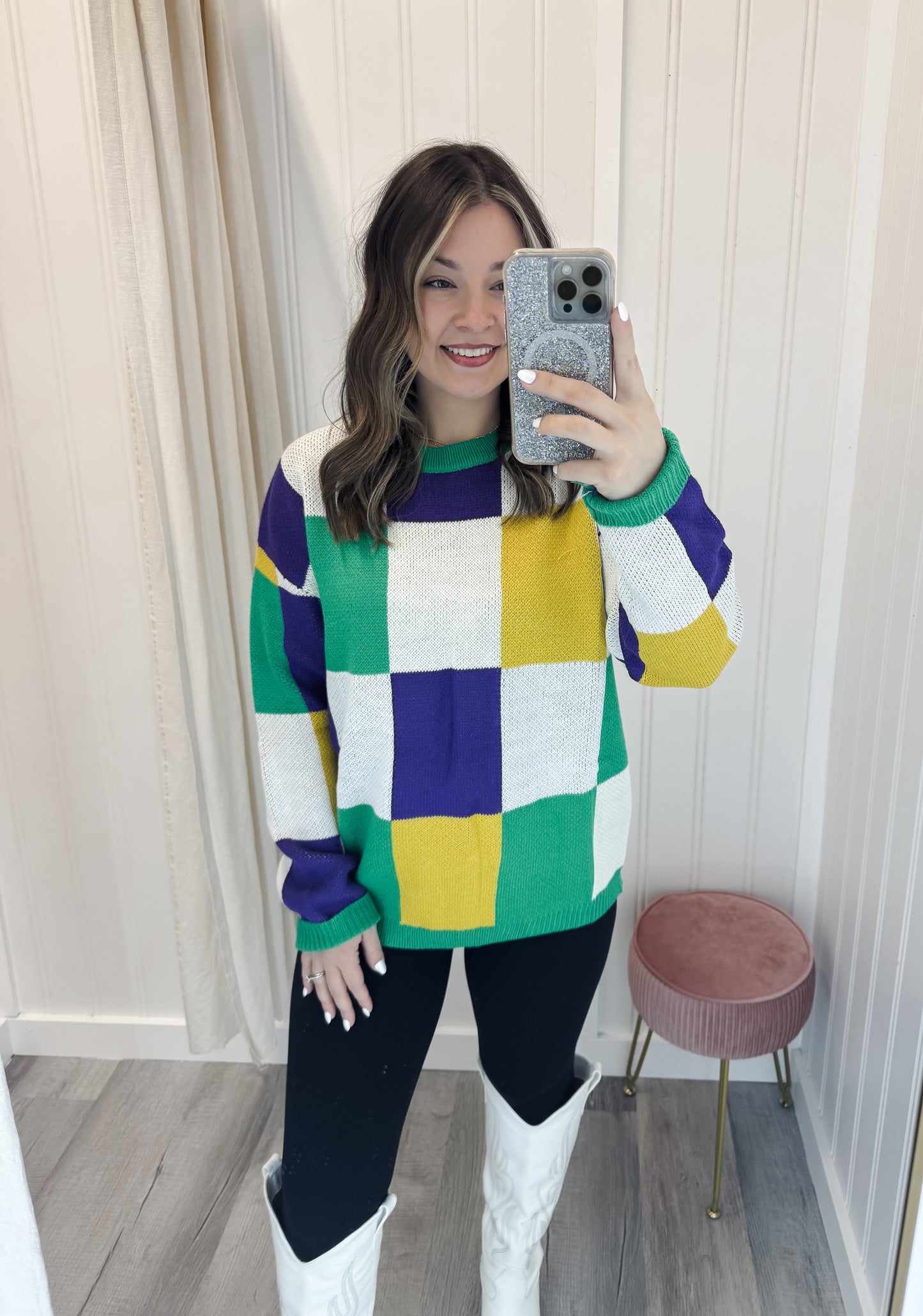 Checker Board Color Block Mardi Gras Knitted Sweater