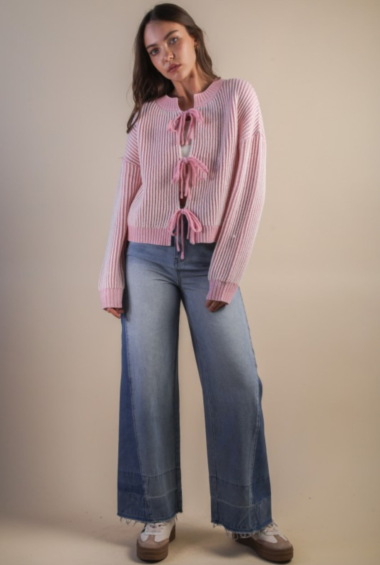Front Tie Pink Knit Cardigan