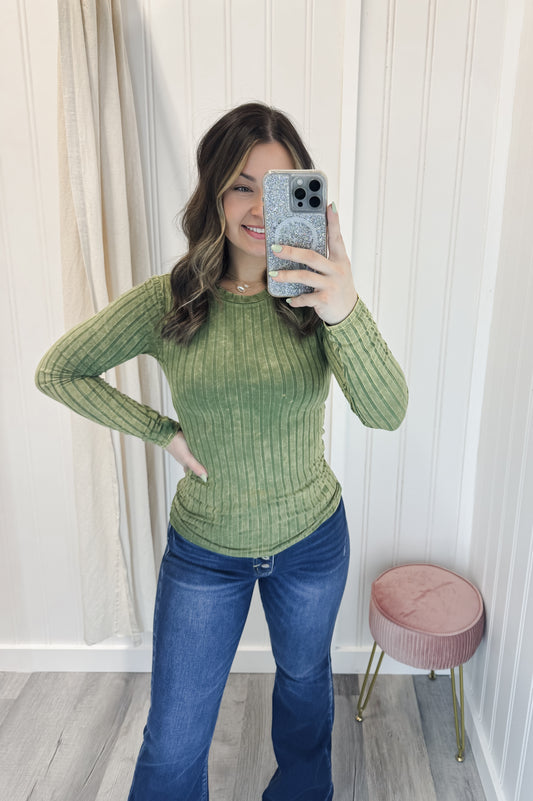 Olive Ribbed Long Sleeve Top