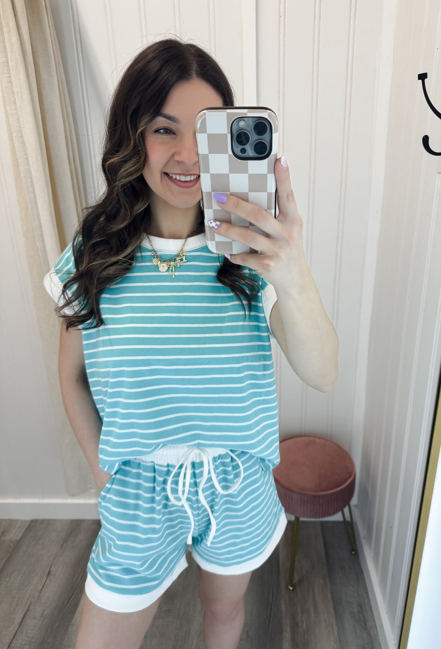 Stripe Contrast Trim Top & Shorts Set