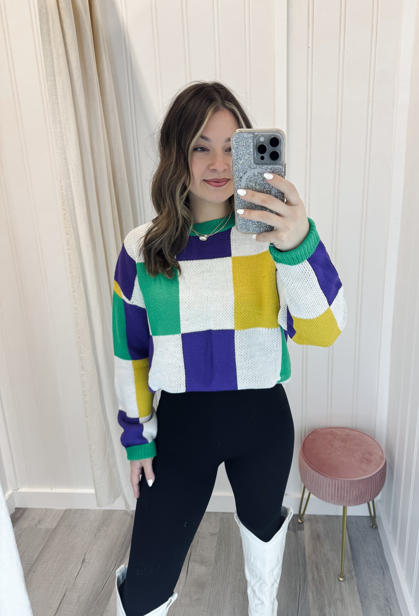 Checker Board Color Block Mardi Gras Knitted Sweater