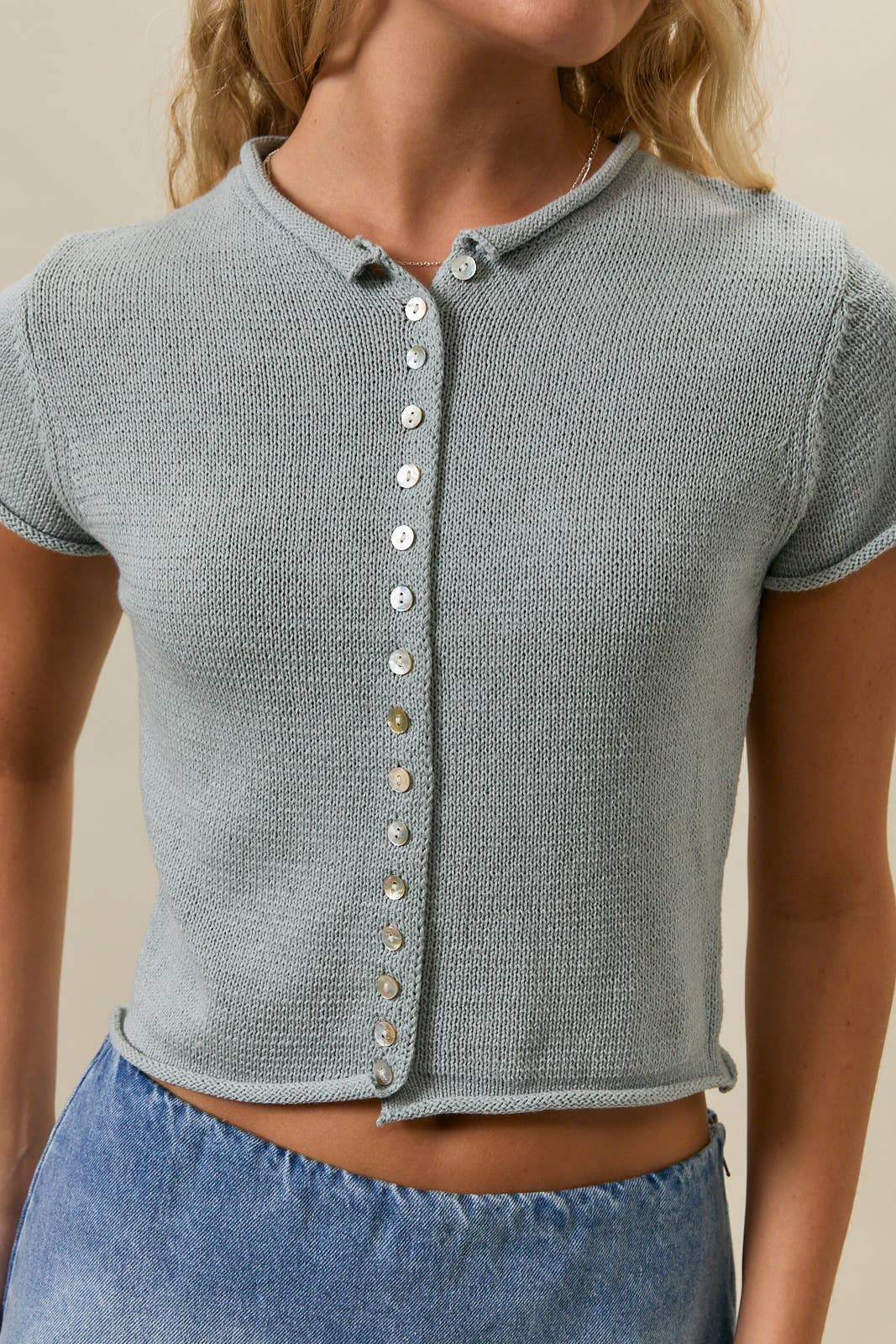 CAP SLEEVE ROUND NECK BUTTON DOWN SWEATER TOP