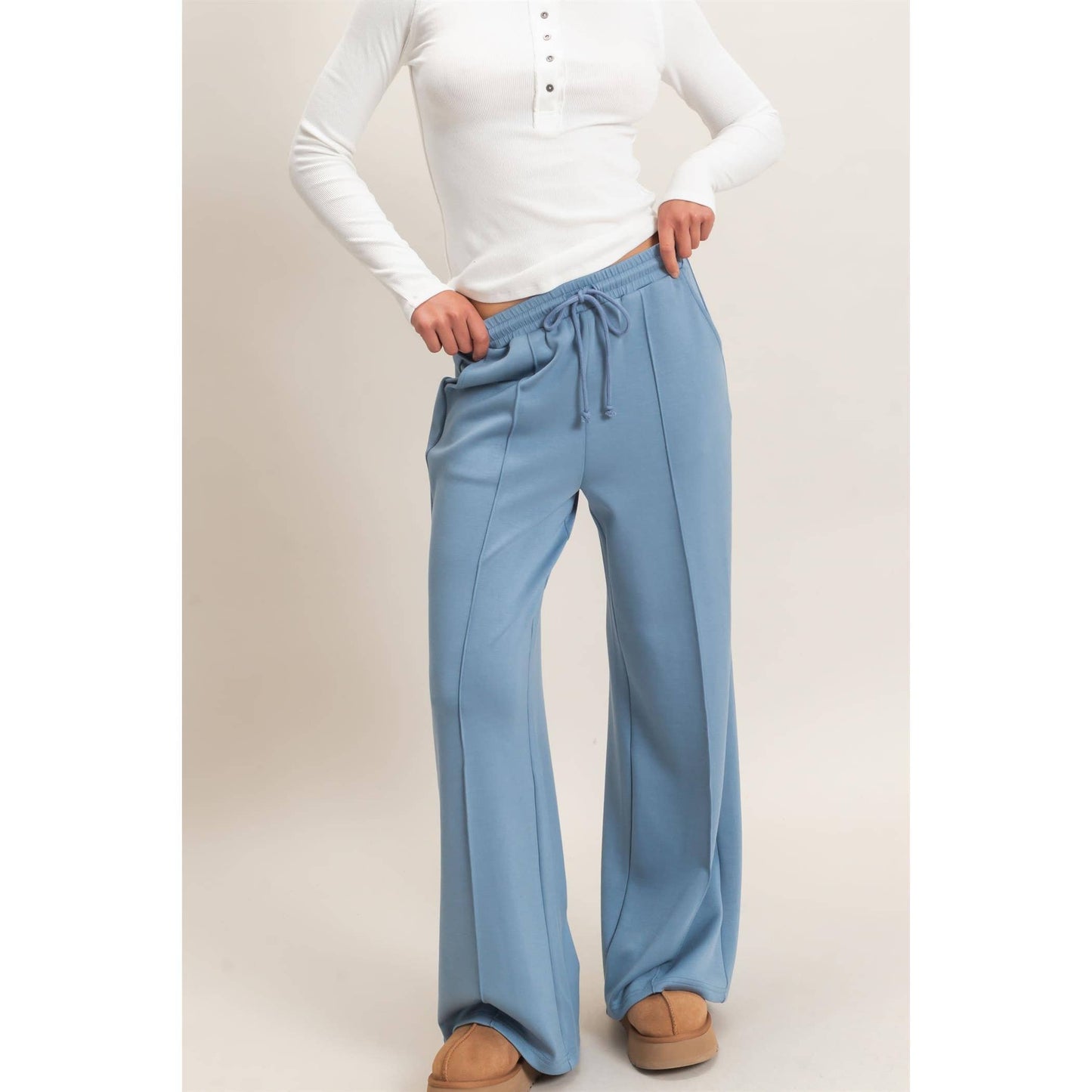 Drawstring Waist Pintuck Wide Leg Pants