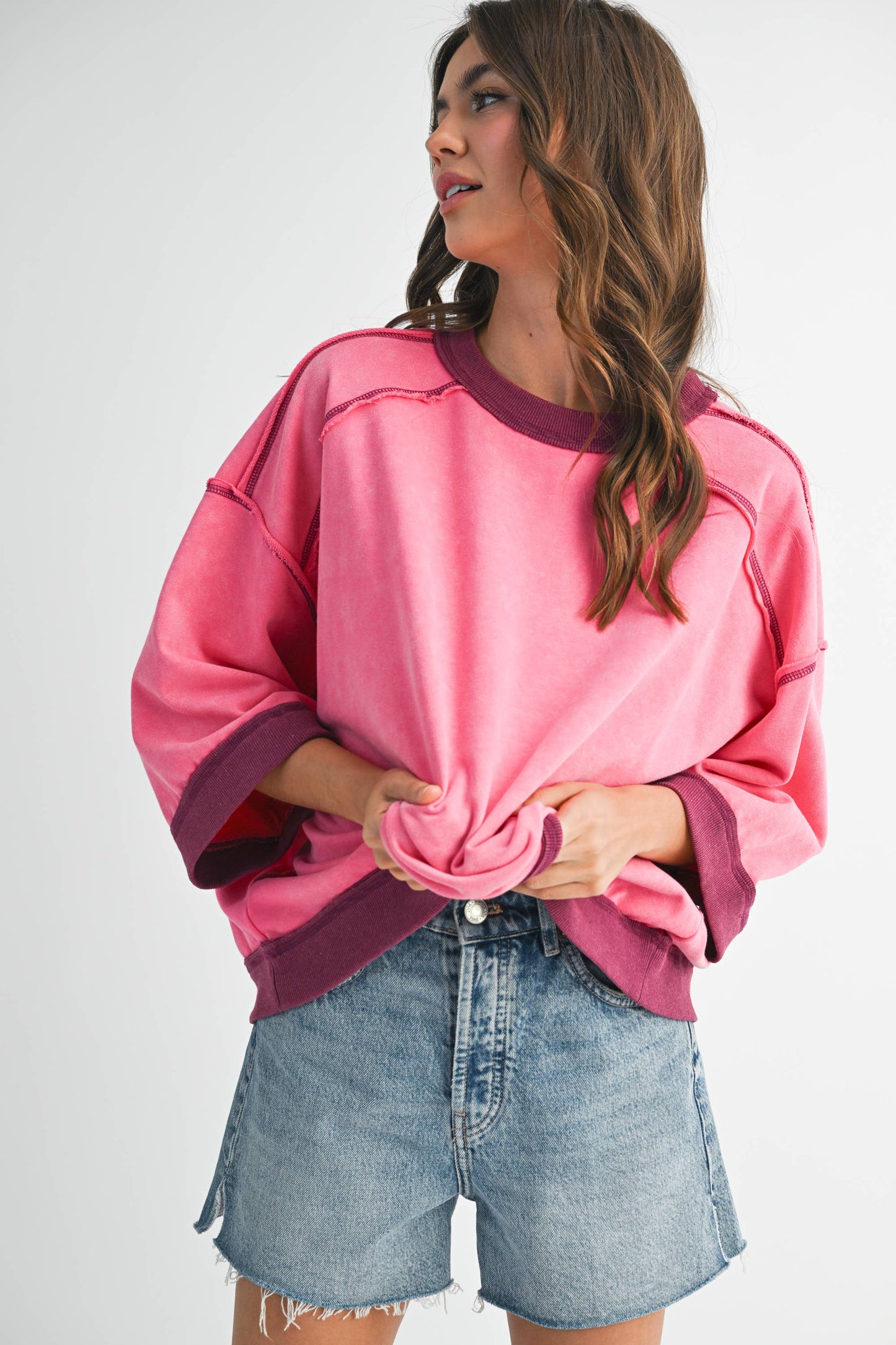 Washed Contrast Trim Boxy Sweatshirt Top