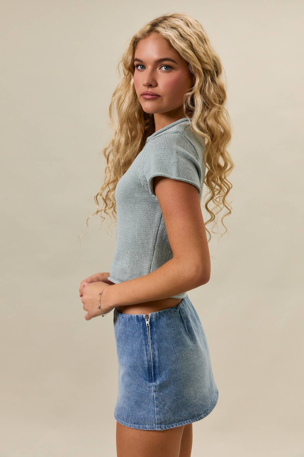 CAP SLEEVE ROUND NECK BUTTON DOWN SWEATER TOP