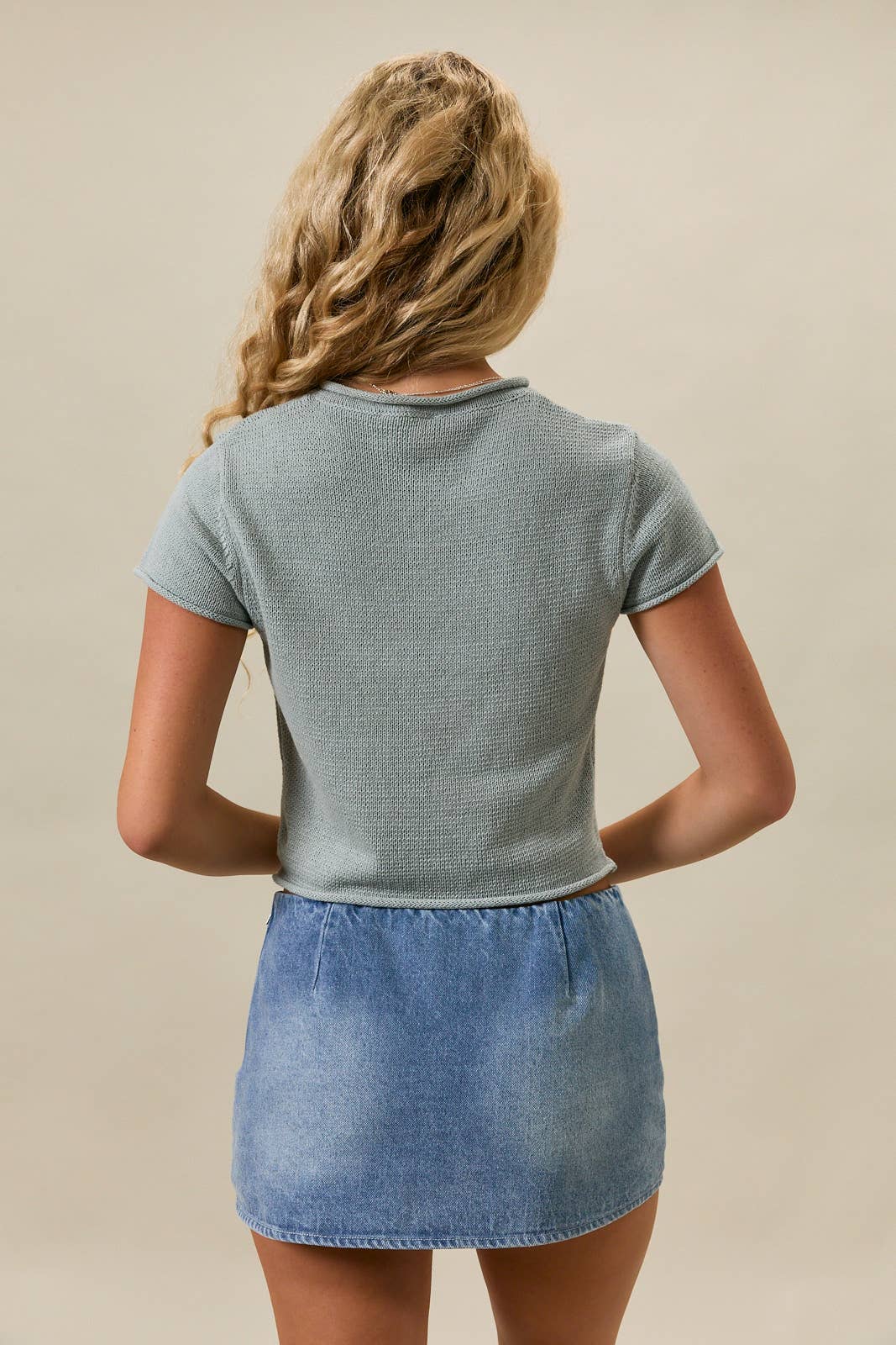 CAP SLEEVE ROUND NECK BUTTON DOWN SWEATER TOP