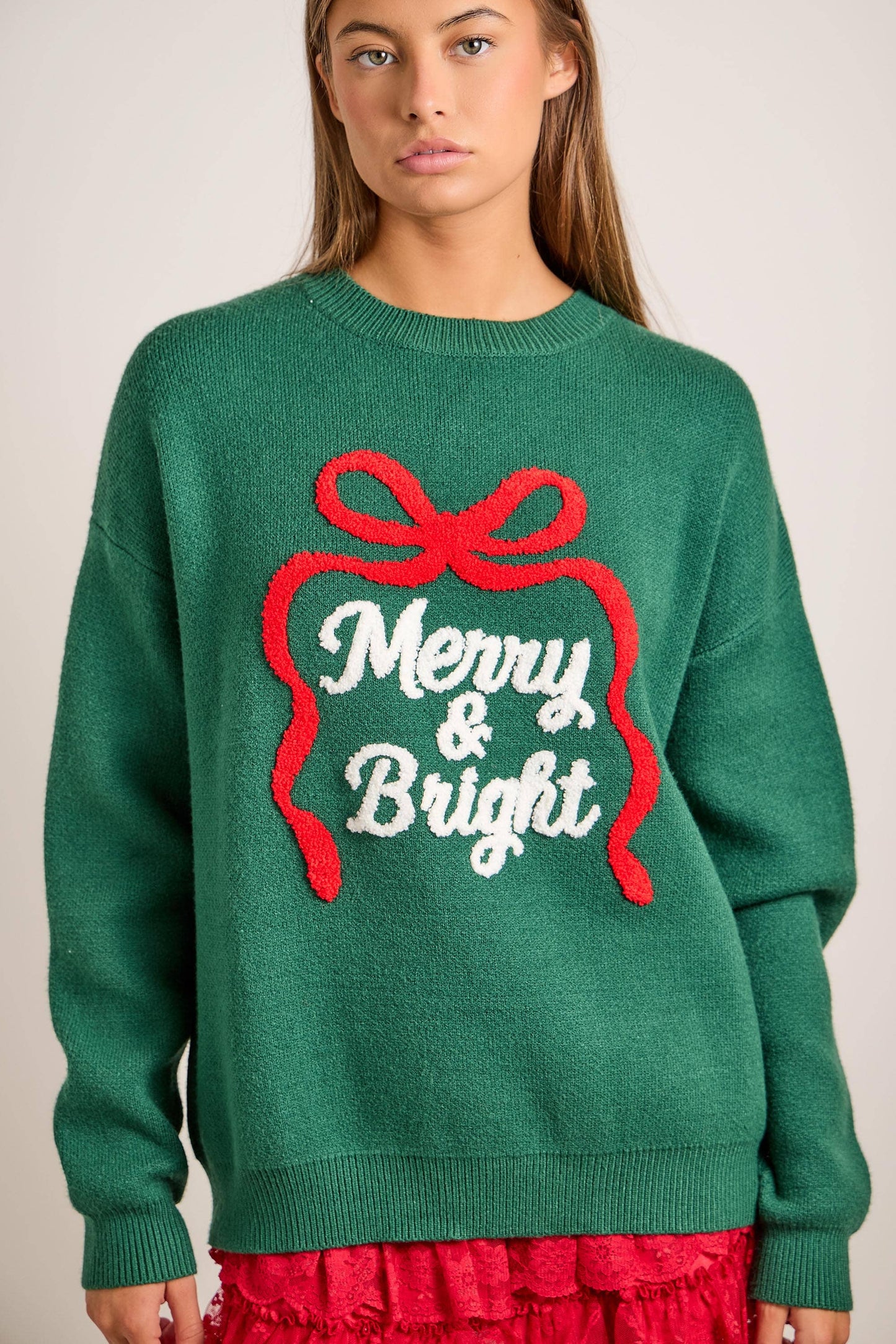 Merry & Bright Embroidered Christmas Knit Sweater