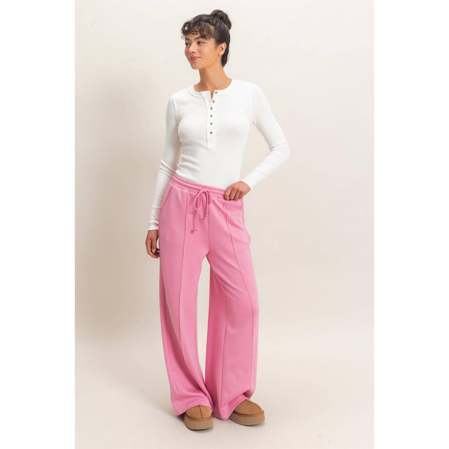 Drawstring Waist Pintuck Wide Leg Pants