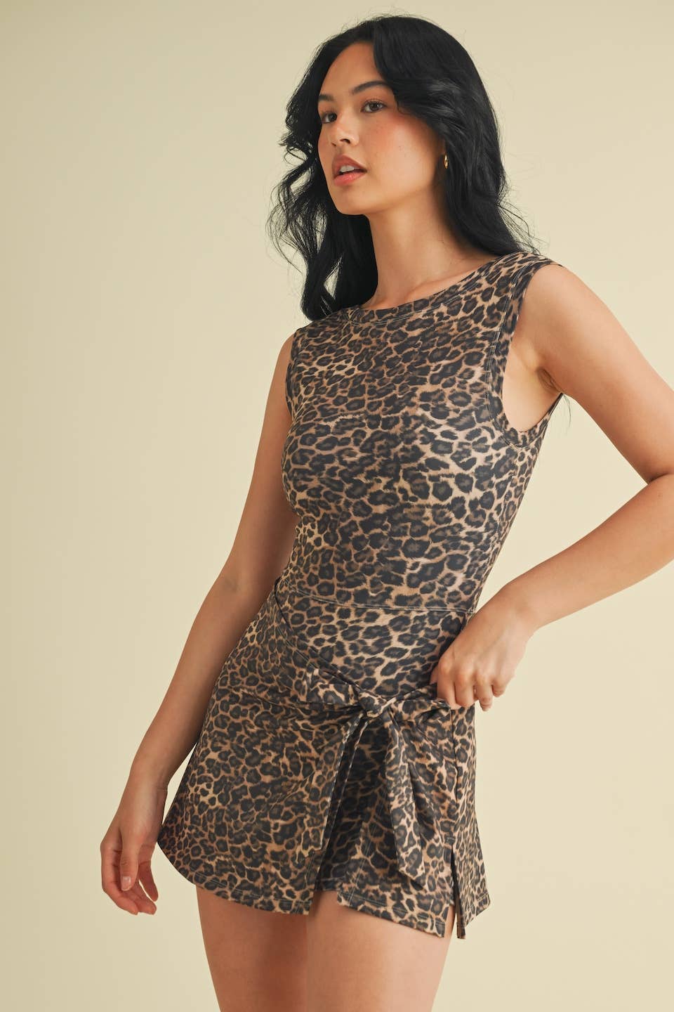 Leopard Print Sleeveless Wrap Tie Front Romper Dress