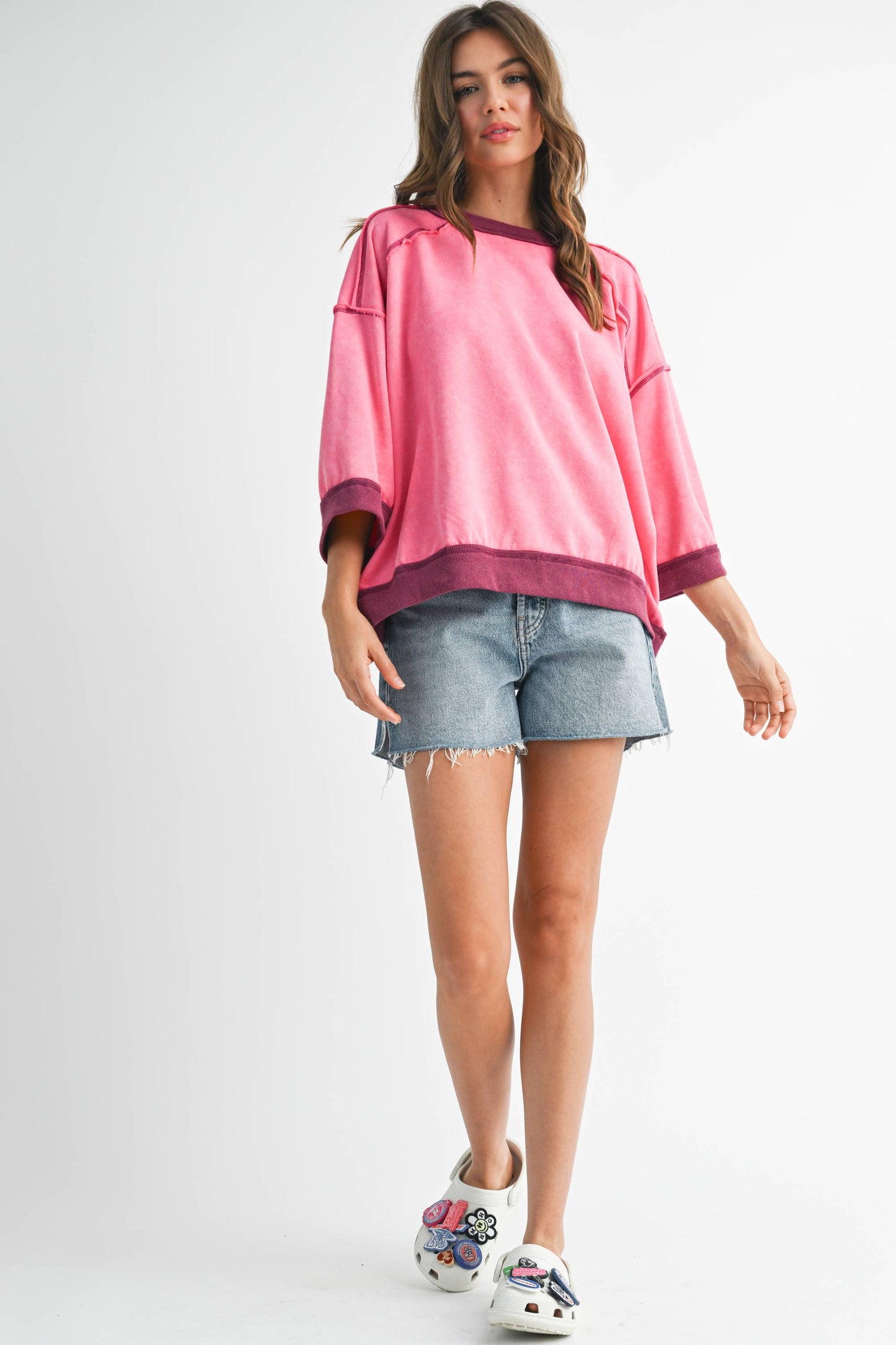 Washed Contrast Trim Boxy Sweatshirt Top
