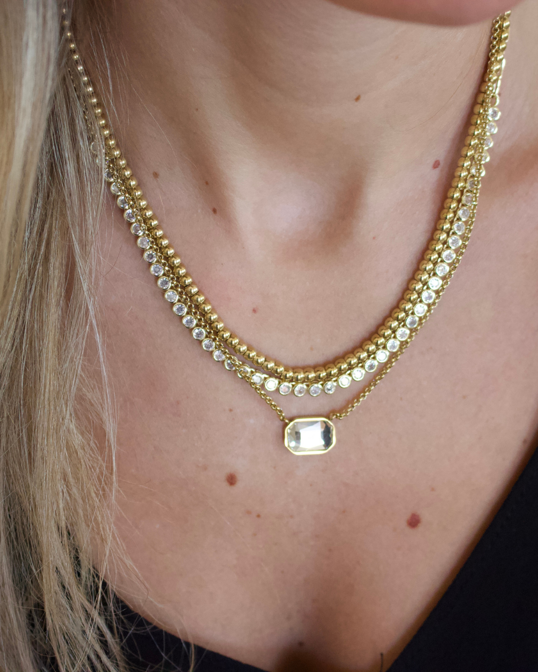 Walker Layered Crystal Necklace 18k Gold Non Tarnish