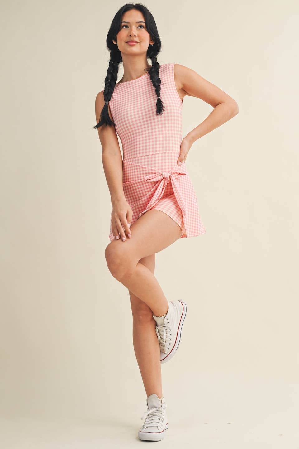 Gingham Print Sleeveless Wrap Tie Front Dress