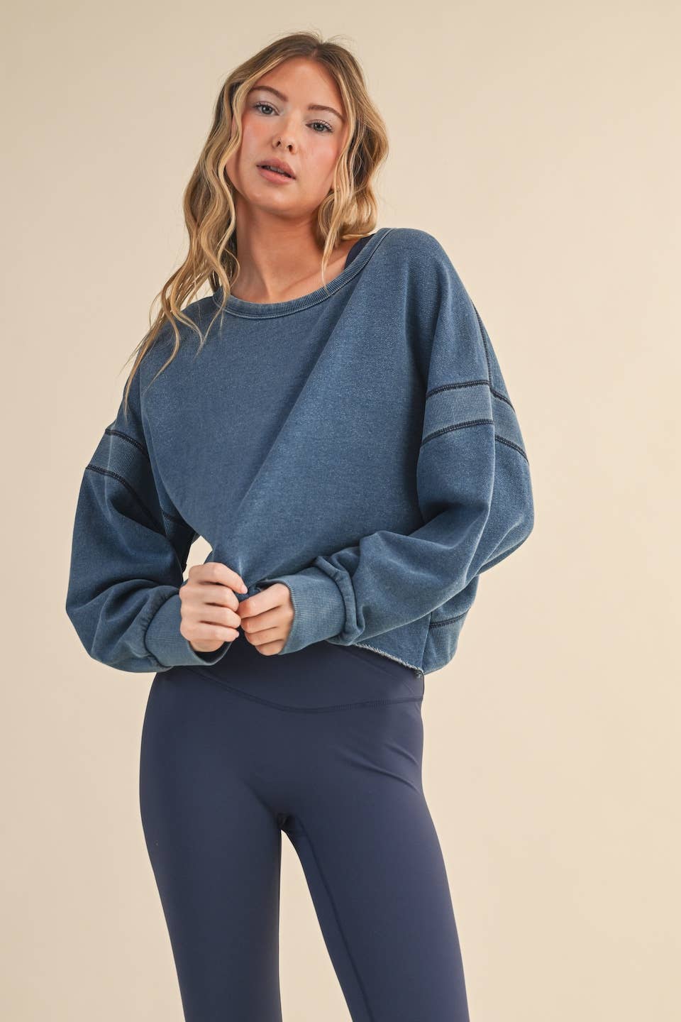 Denim Wash Cutout Back Layering Fleece-Lined Sweatshirt