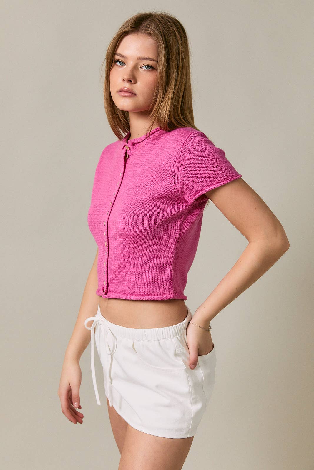 CAP SLEEVE ROUND NECK BUTTON DOWN SWEATER TOP