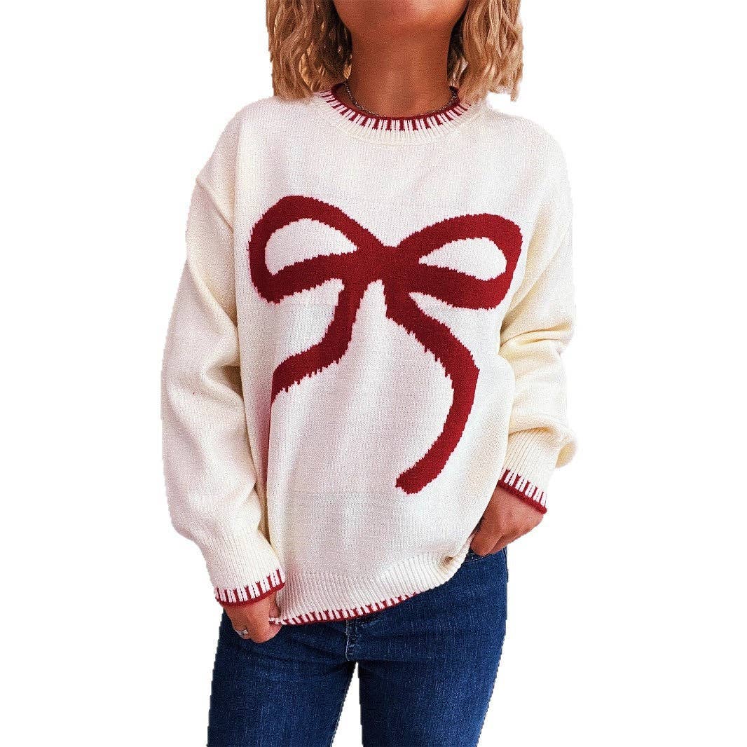 Women Crewneck Bow Detail Knit Sweater