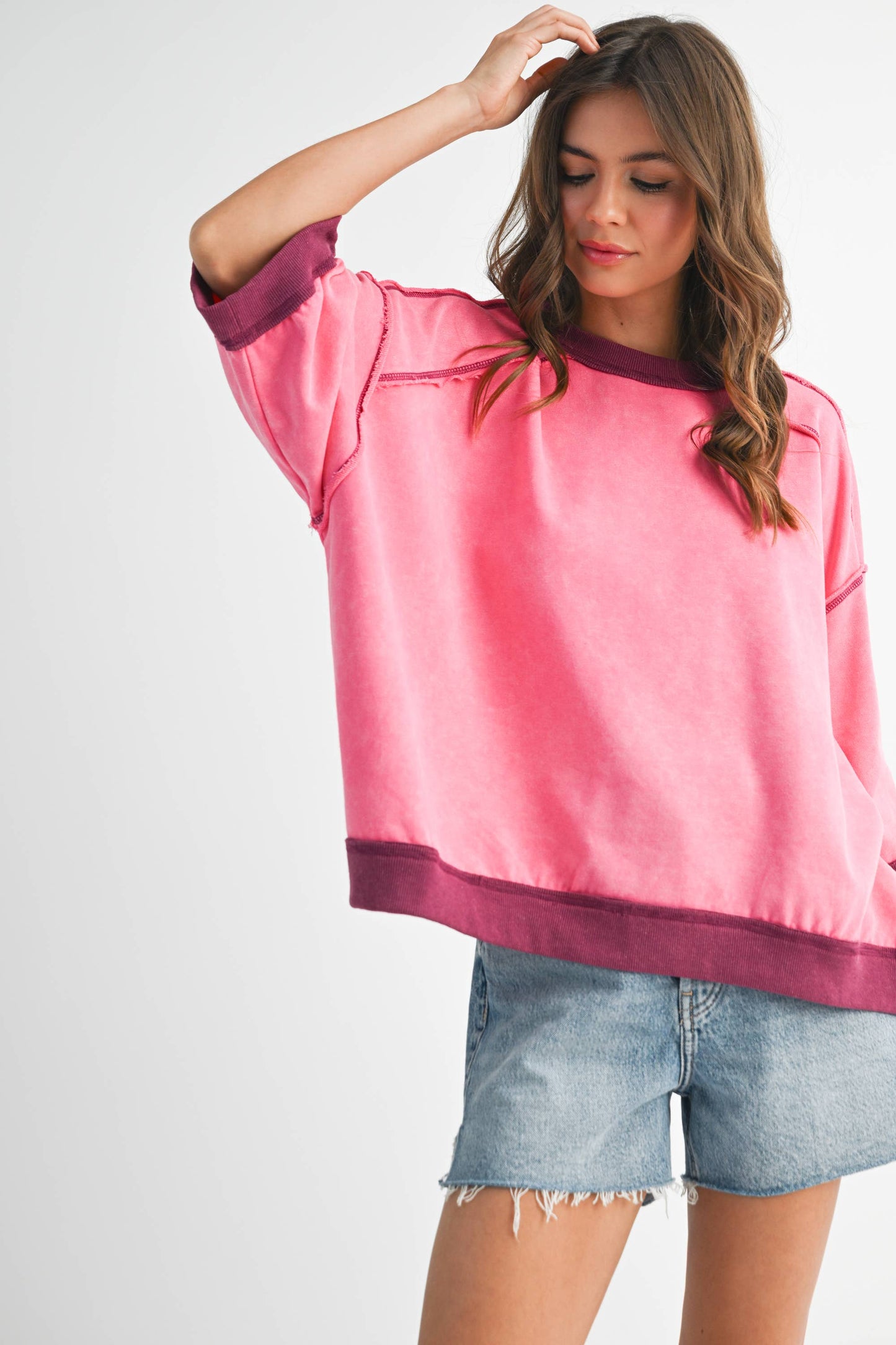 Washed Contrast Trim Boxy Sweatshirt Top