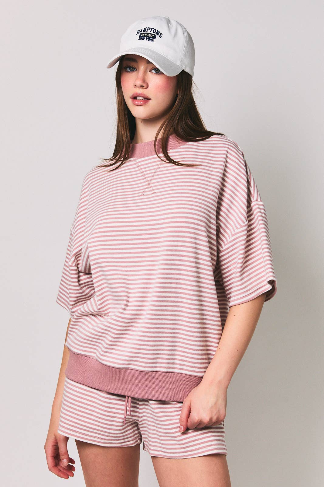 MOCK NECK SHORT SLEEVE STRIPE TOP