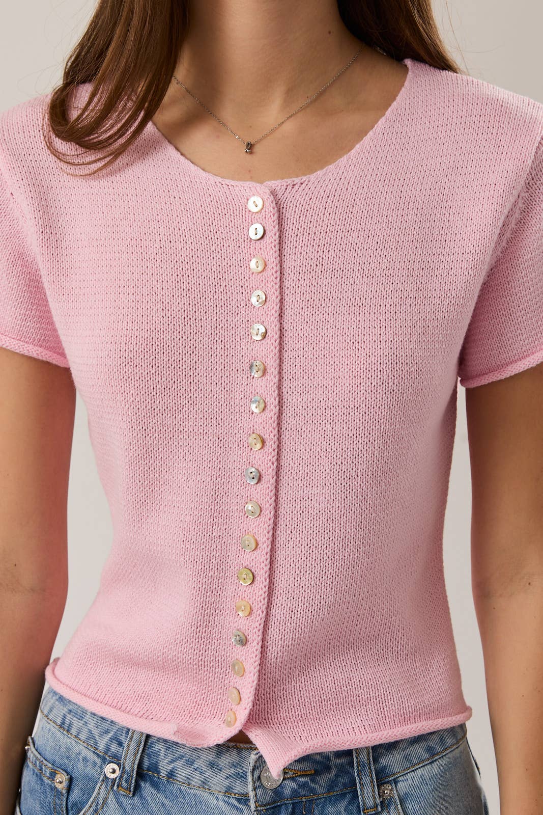 CAP SLEEVE ROUND NECK BUTTON DOWN SWEATER TOP