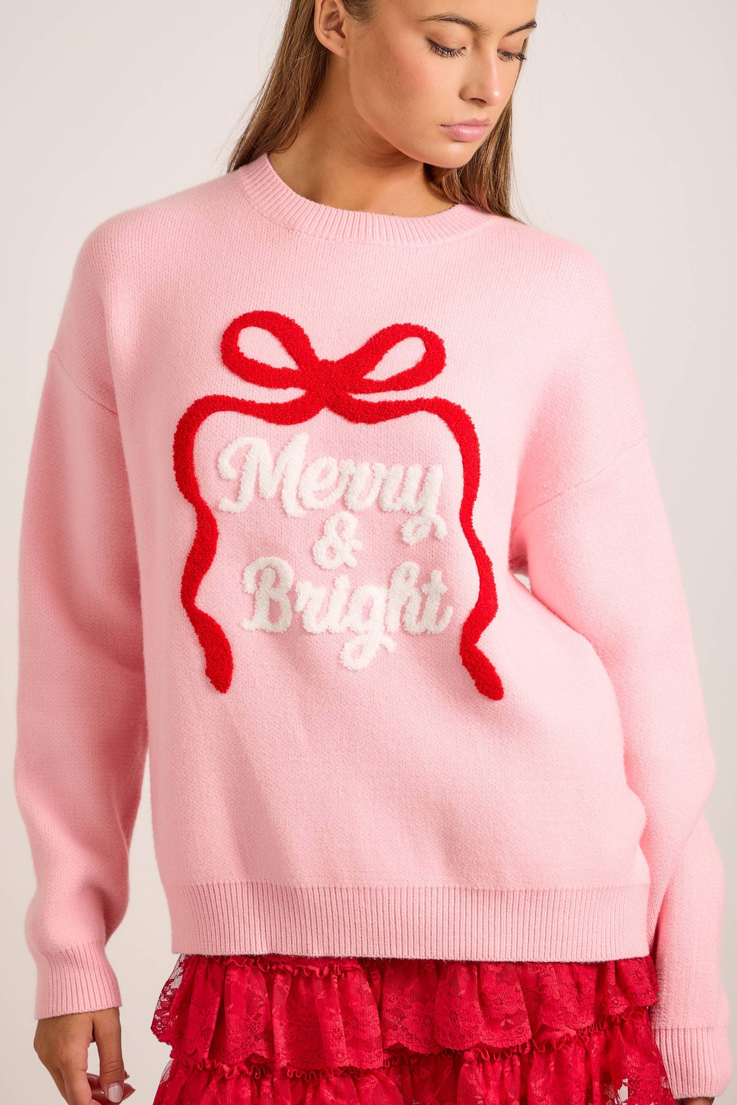 Merry & Bright Embroidered Christmas Knit Sweater
