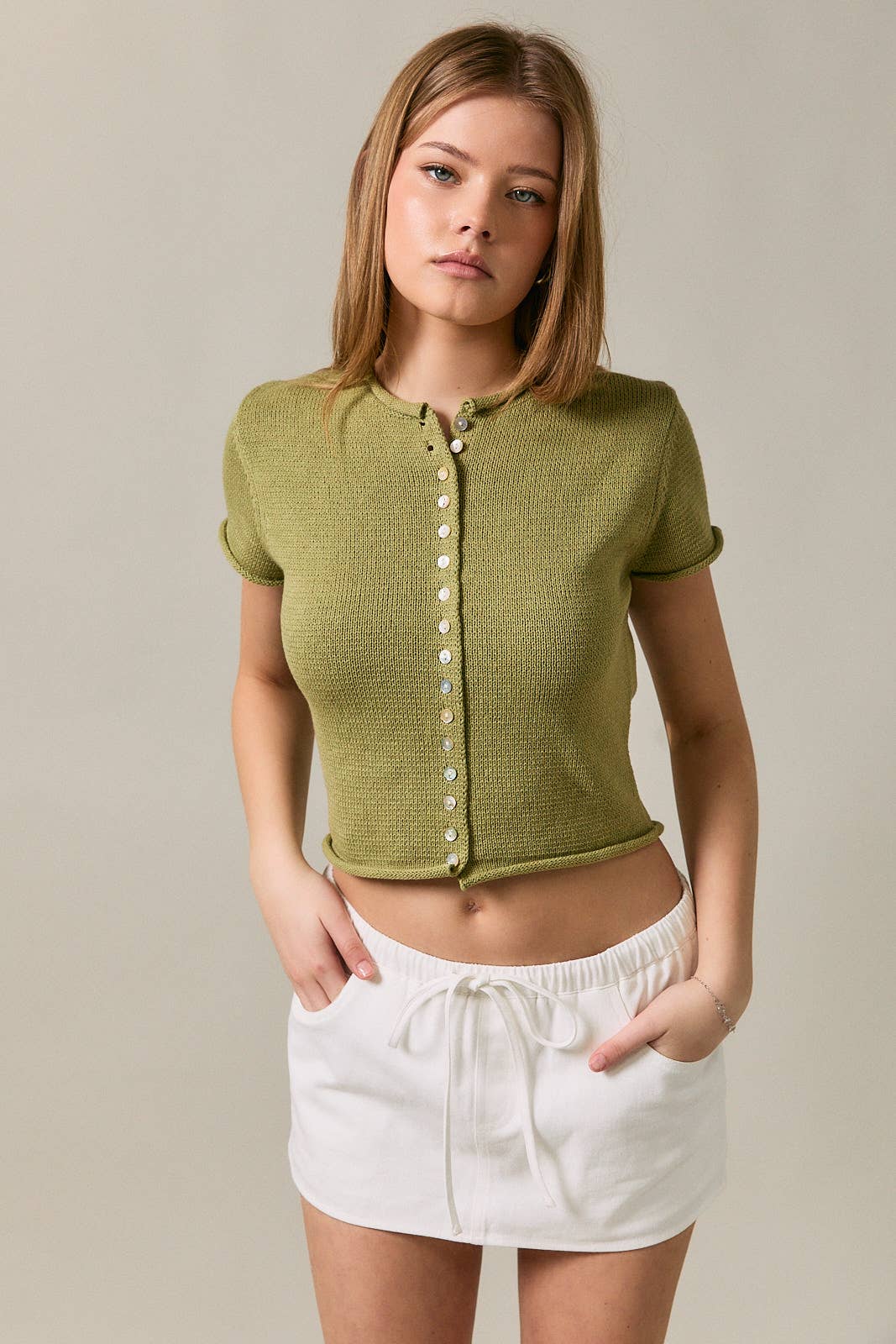 CAP SLEEVE ROUND NECK BUTTON DOWN SWEATER TOP