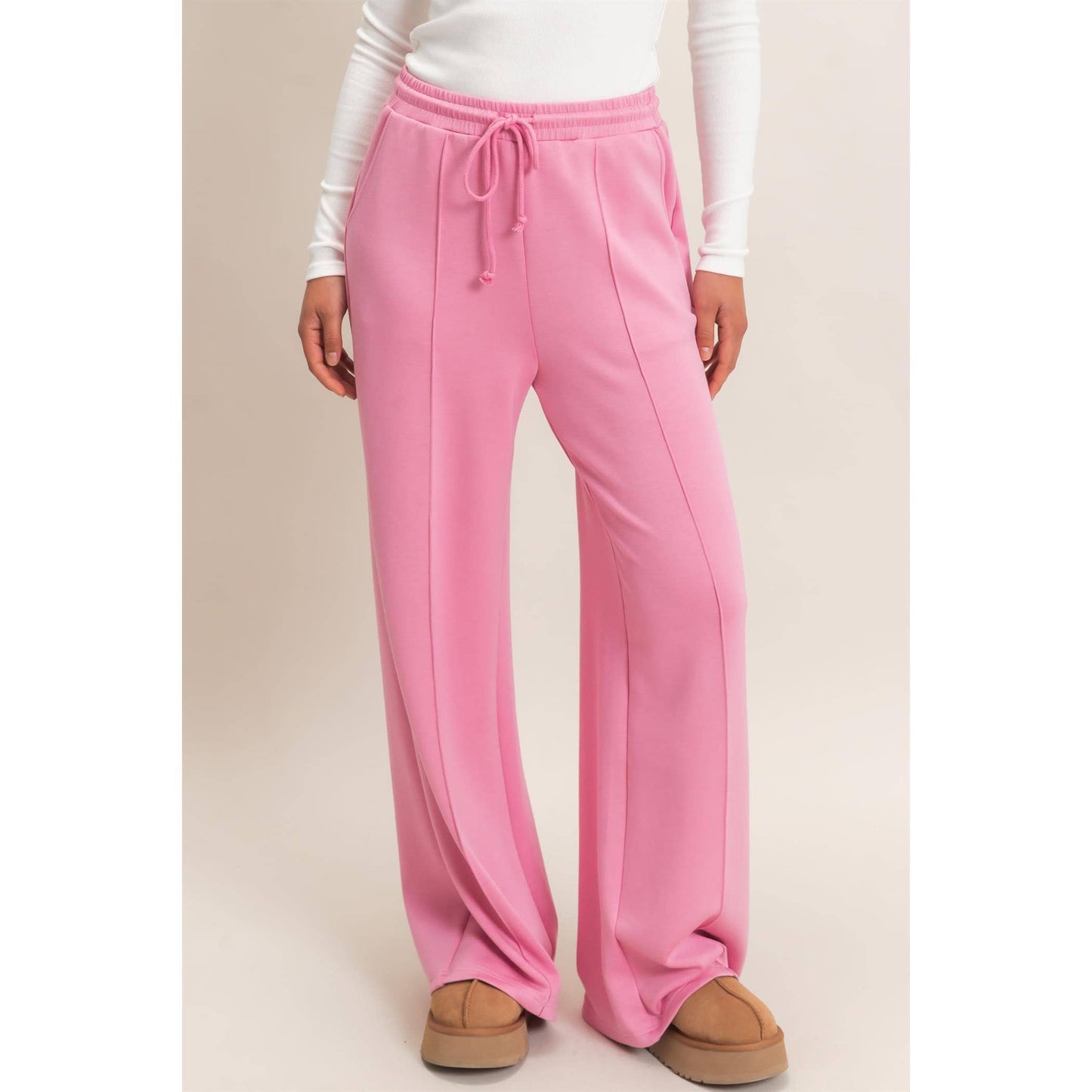 Drawstring Waist Pintuck Wide Leg Pants